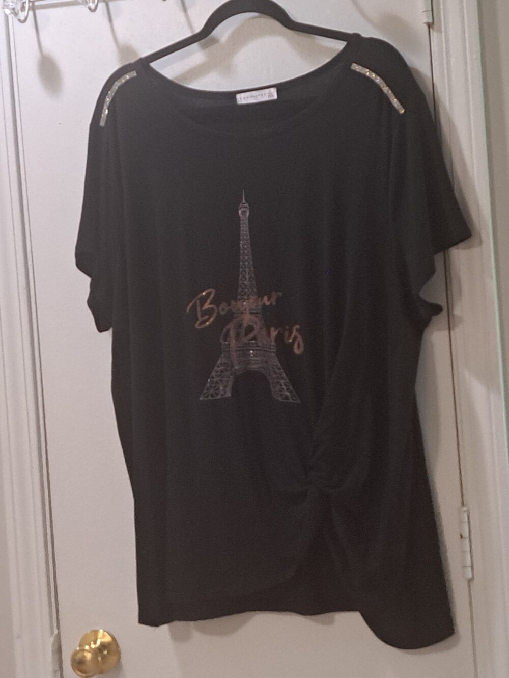 Black Bonjour Paris Graphic Tee with Shoulder Embellishments by retrology EUC